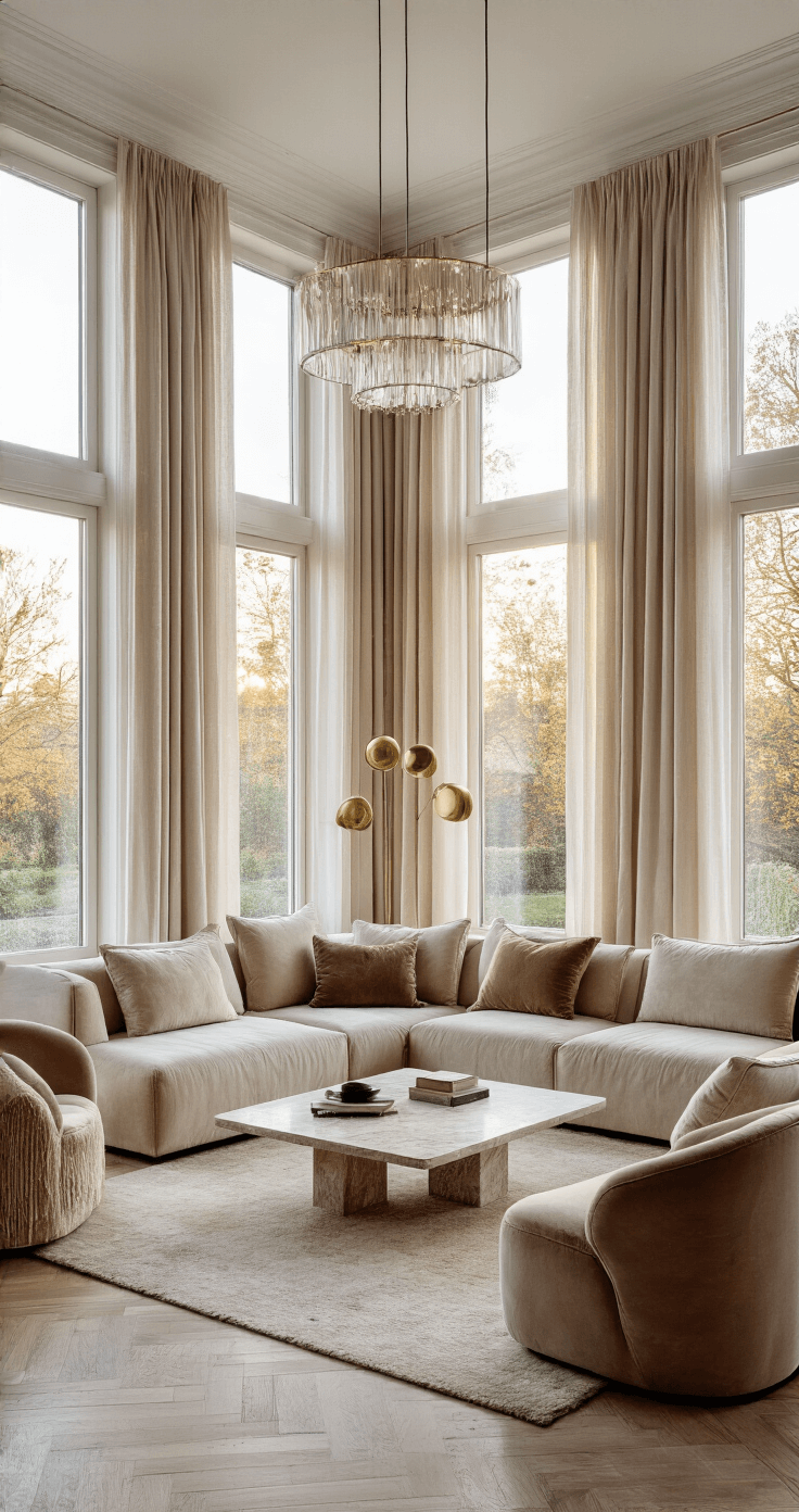 Ruime woonkamer met hoge plafonds tijdens het gouden uur, featuring een crèmekleurige velvet hoekbank, grote raampartijen met ivoorkleurige gordijnen, een marmeren salontafel en bouclé fauteuils in taupe.