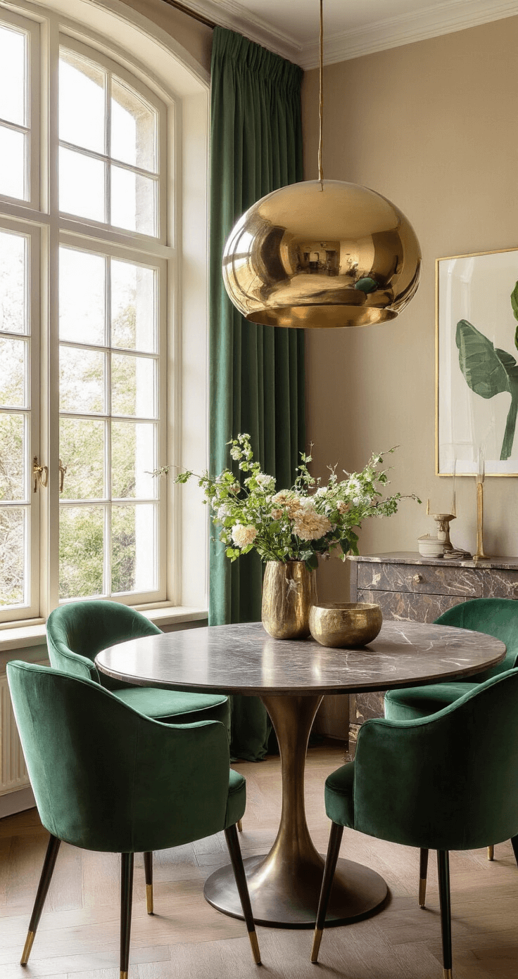 Intieme eethoek met een ovale notenhouten tafel en smaragdgroene velvet stoelen, verlicht door ochtendlicht dat door een groot raam stroomt. Boven de tafel hangt een messing hanglamp, terwijl een marmer sideboard met gouden details tegen een zandkleurige muur staat. Verse bloemen in messing vazen accentueren het geheel, gefotografeerd vanuit vogelperspectief voor dramatisch effect.