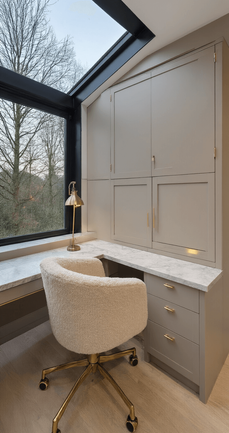 Moderne werkhoek met panoramaraam, op maat gemaakte taupekleurige inbouwkast met messing handgrepen, crèmekleurige bouclé bureaustoel, marmeren bureau met gouden onderstel en LED-railverlichting, gefotografeerd vanuit laag camerastandpunt in de late middag.