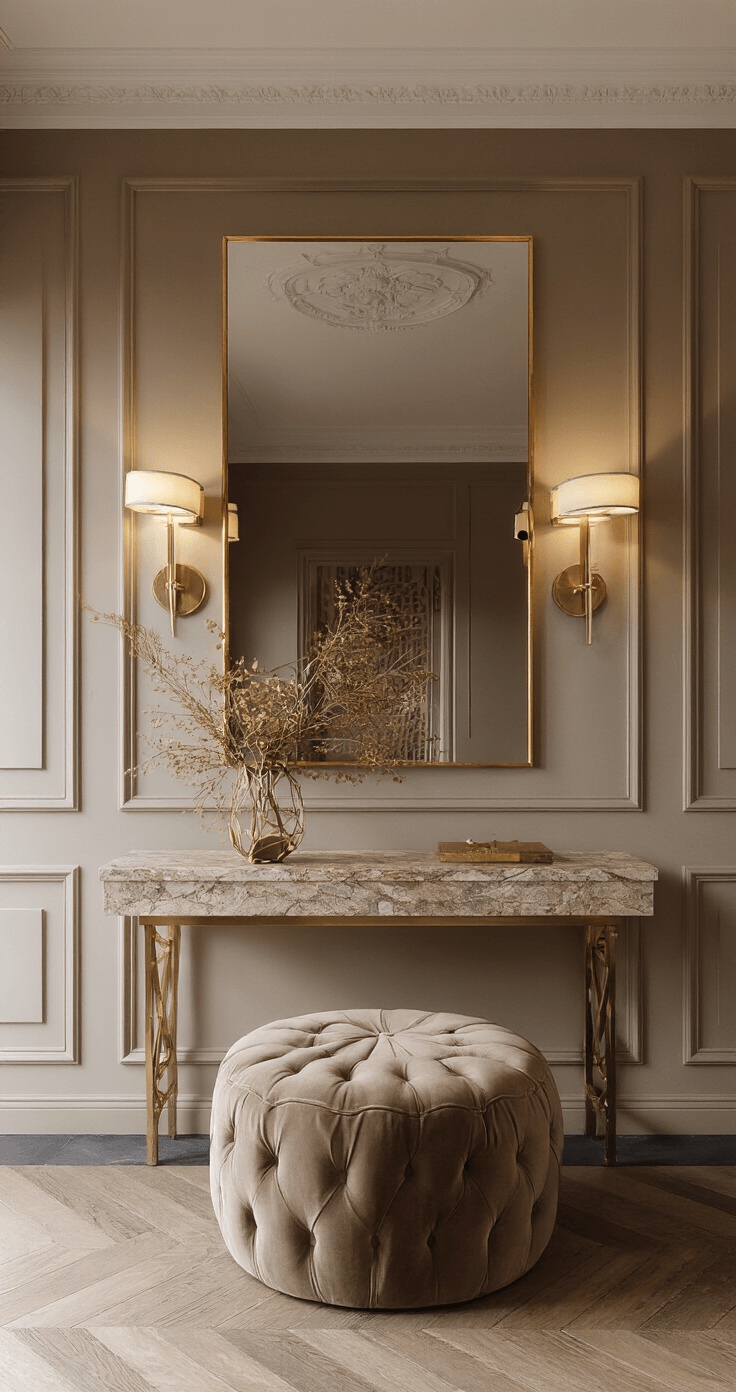 Entreehal met hoog plafond, warme avonddimmers, grote gouden spiegel, marmeren console, fluwelen poef en geometrisch behang in neutrale tinten.