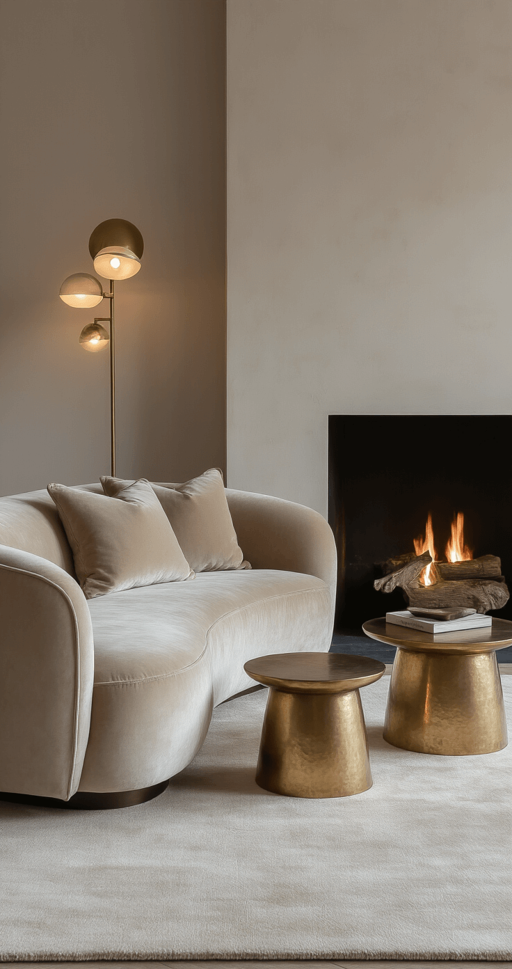Luxe loungehoek bij open haard in schemering met champagnekleurige XL velvet fauteuil, vintage messing bijzettafels en handgeknoopt tapijt in zachte neutrale tinten, verlicht door wandlampen en vloerspots, close-up van materiaaltexturen.