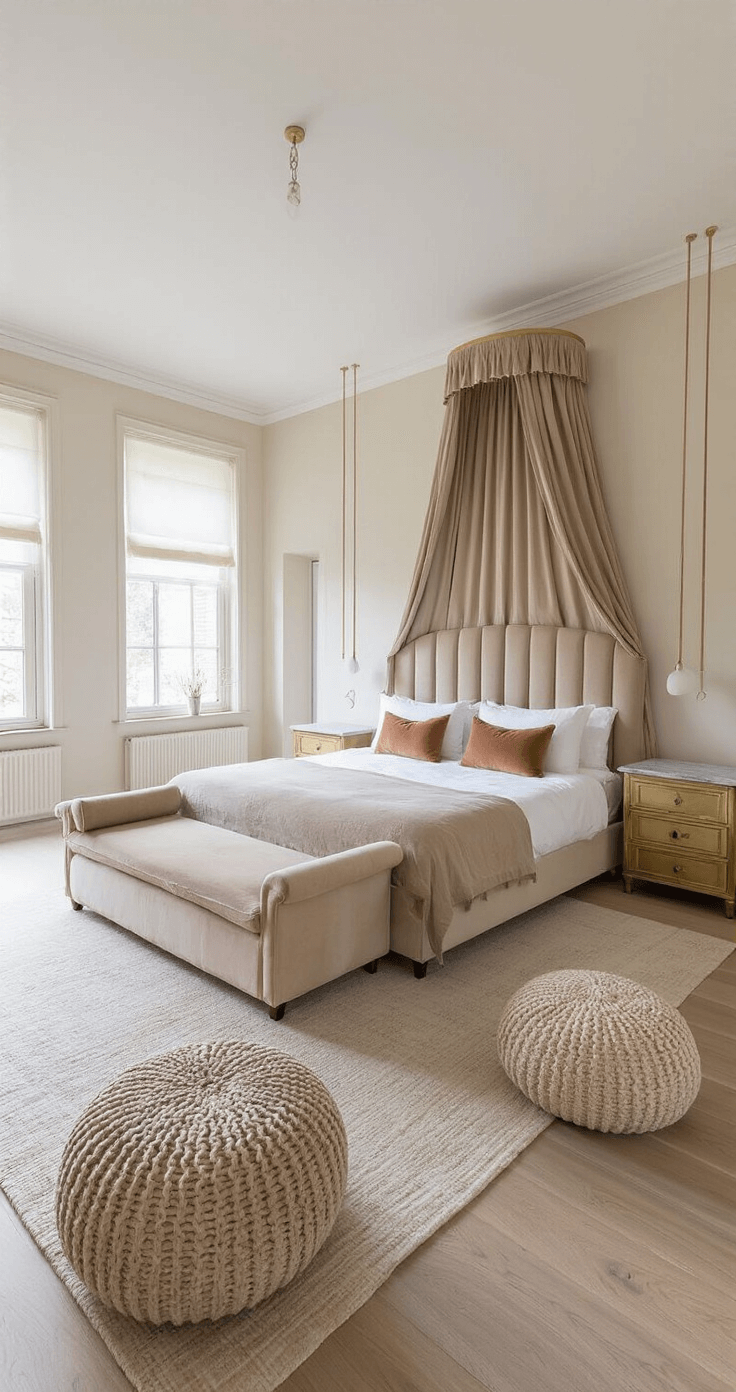 Master slaapkamer in ochtendlicht met een koningin bed en een beige velvet hoofdbord, messing nachtkastjes met marmeren tops, symmetrische bouclé poefs, en een zijden vloerkleed in gelaagde neutrale tinten.