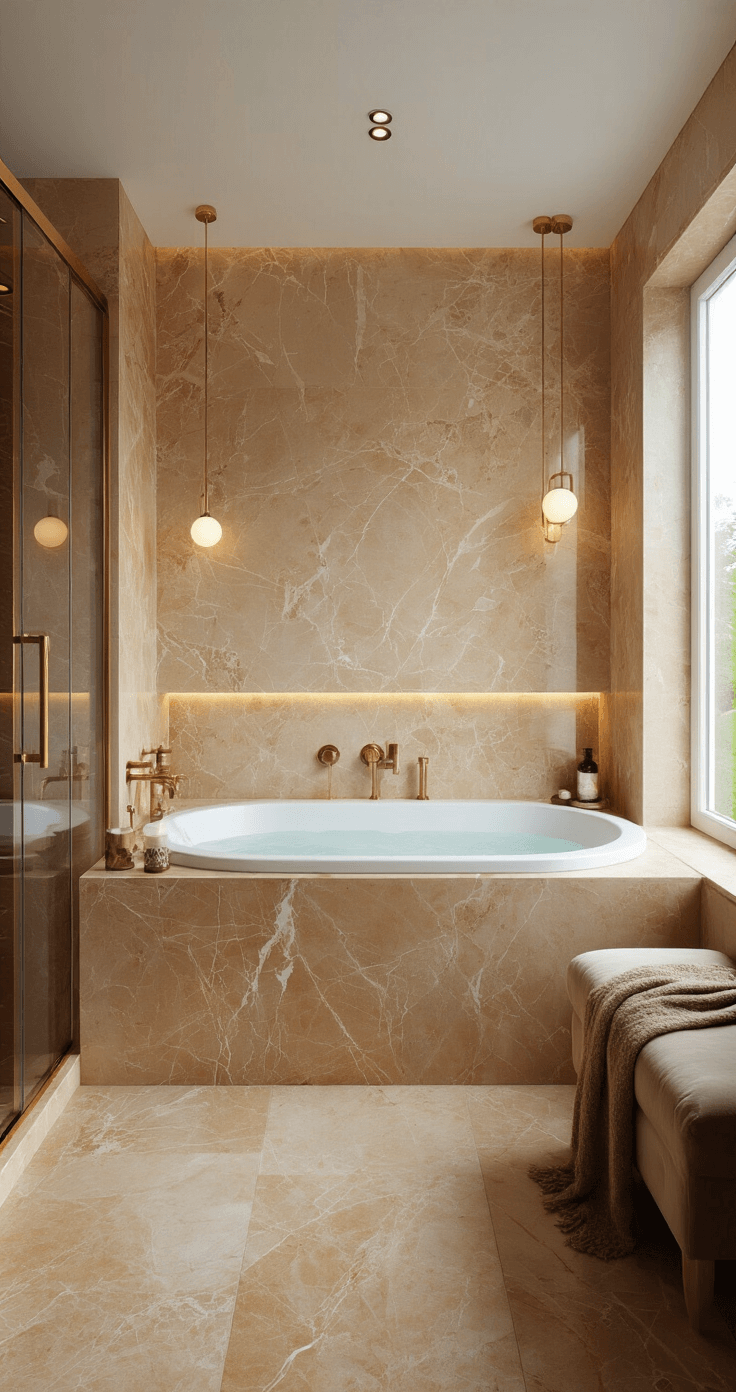Luxe badkamer met vrijstaand bad en marmeren wanden in honey tint, verlicht door middaglicht door matglas. Messing kranen en accessoires, en een champagnekleurig velvet bankje bij het raam. Laag camerastandpunt accentueert de ruimtelijke grandeur.