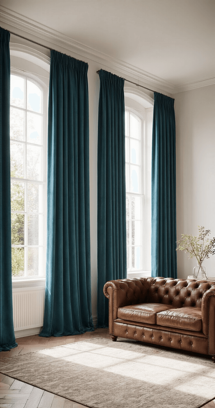 Ruime, lichte woonkamer met hoge plafonds, elegante fluwelen gordijnen in diep petrol blauw, vintage chesterfield bank in cognac leer en geometrisch vloerkleed in aardetinten, gefilterd zonlicht creëert warme schaduwen.