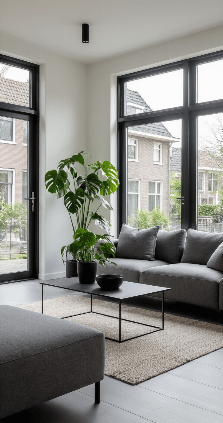 Moderne woonkamer met zwarte kozijnen en witte houten jaloezieën, ochtendlicht valt op betonnen vloer. Minimalistische inrichting met grijze loungebank en zwarte salontafel, Monstera plant in zwarte pot als focuspunt. Symmetrische compositie vanuit lage positie.