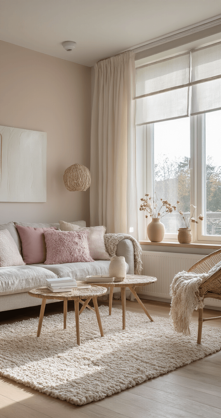 Scandinavische woonkamer in vogelperspectief met lichte eikenhouten vloer, gebroken witte linnen rolgordijnen en felle roze kussens; macramé hangstoel, wollig berber tapijt en keramische vazen met droogbloemen, gefotografeerd in zachte, natuurlijke middaglicht.