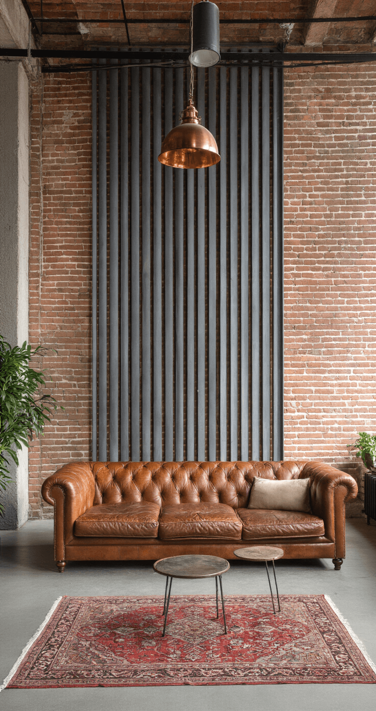 Industriële loft met verticale antraciet lamellen, betonvloer, bakstenen muur en stalen kozijnen, verlicht door dramatisch strijklicht tijdens zonsondergang. Cognac leren fauteuils en een vintage Perzisch tapijt zijn aanwezig, met een koperen hanglamp die warm licht werpt. Breed perspectief vanaf de entree.