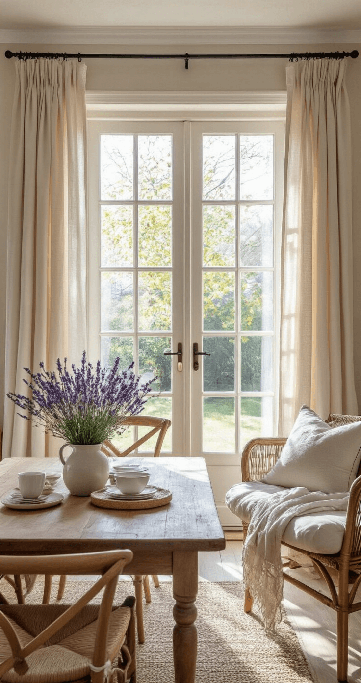 Intieme close-up van een landelijke woonkamer met crème linnen gordijnen, een robuuste houten eettafel en rieten stoelen, verlicht door romantisch natuurlijk licht dat door de dubbele french doors en kanten ondergordijnen valt.