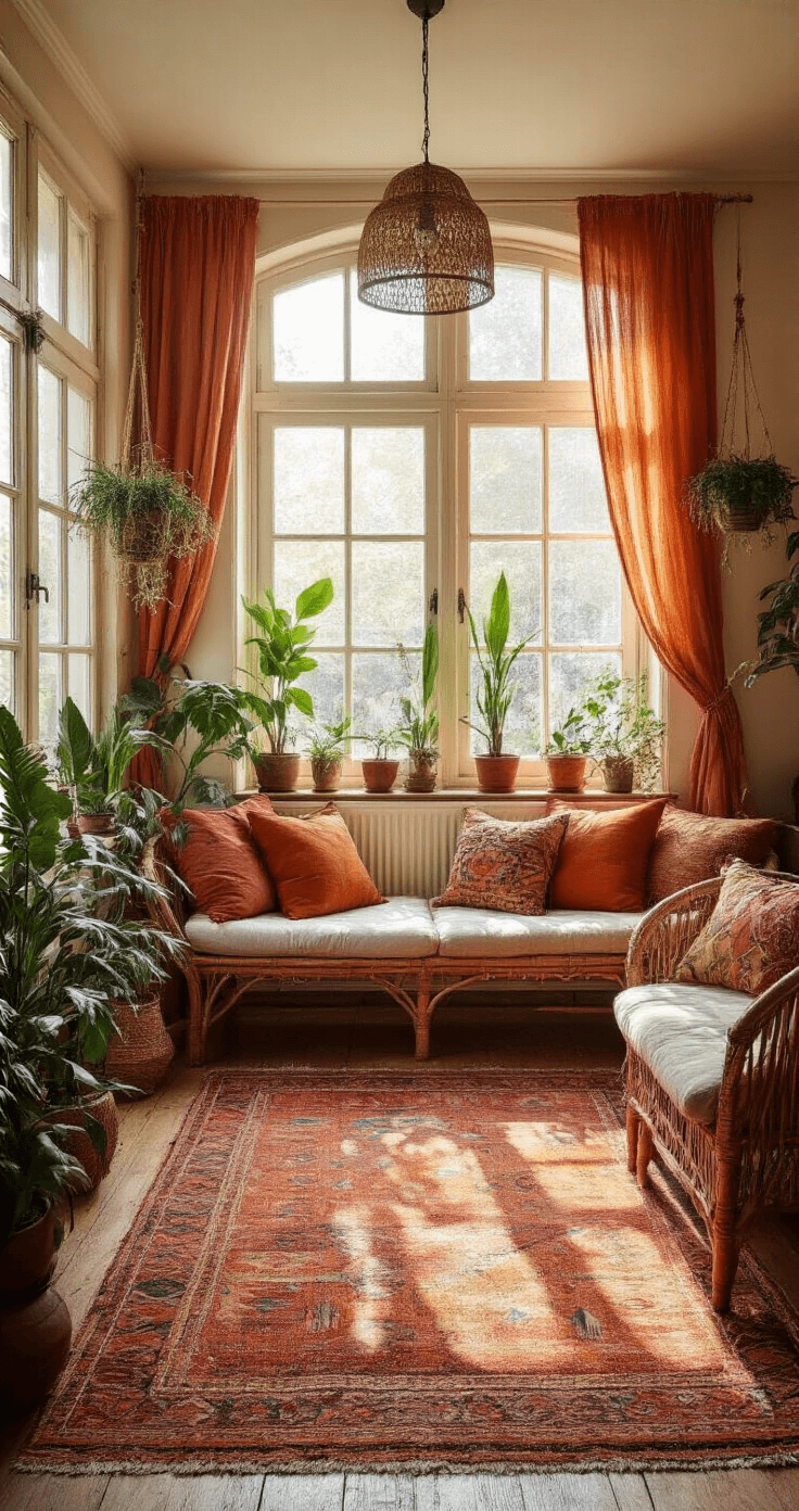 Bohemian woonruimte van 6x7m met terracotta sheer gordijnen en bamboe rolgordijnen, warme gloed van namiddaglicht, kleurrijk kelim tapijt, rotan meubels, veel planten en kussens in aardetinten, gefotografeerd op ooghoogte tijdens het gouden uur.