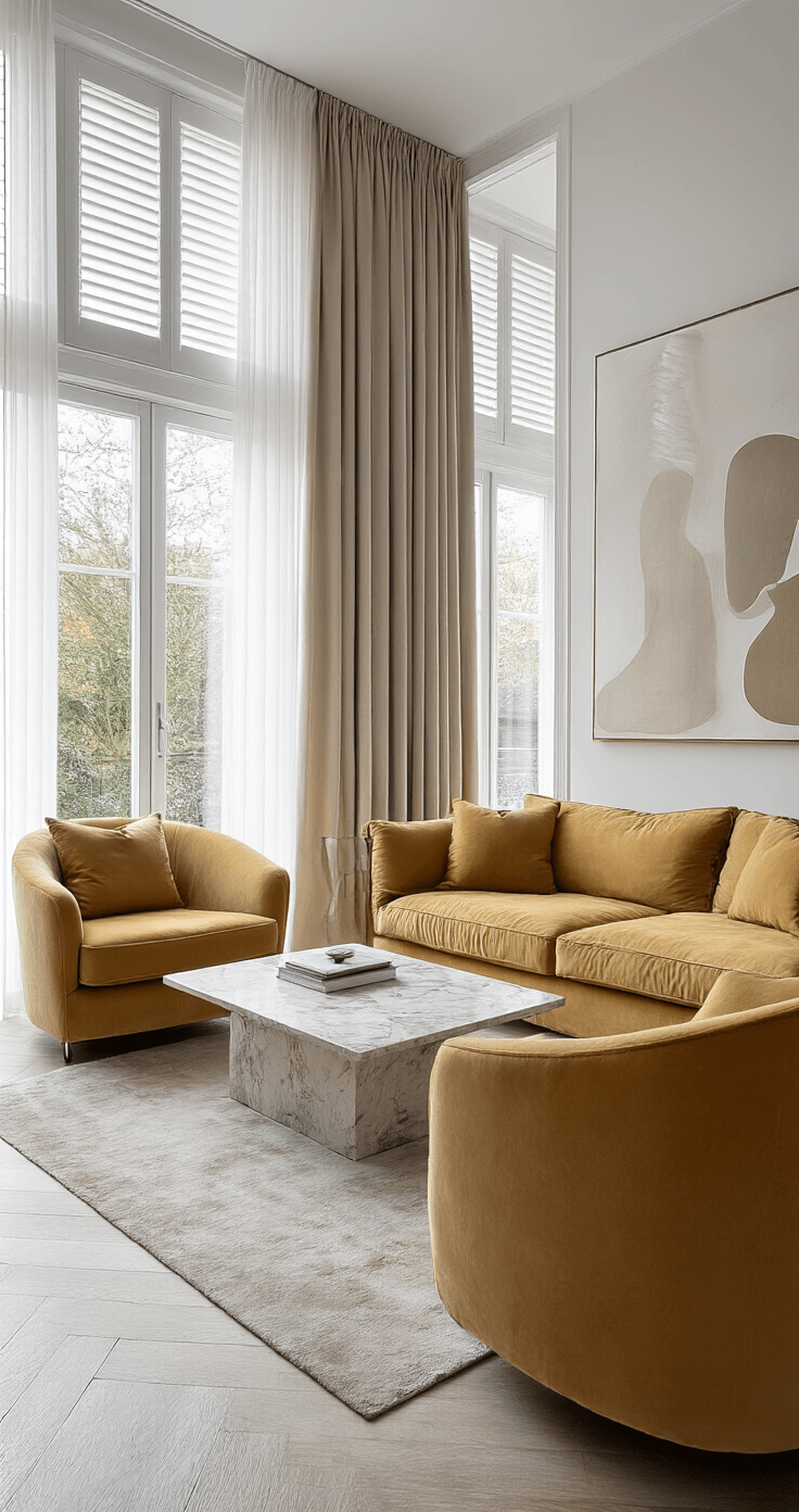 Moderne woonkamer met dubbelhoge ramen, gestapelde raamdecoratie in wit en champagne, marmeren salontafel en mosterdgeel velours fauteuils, verlicht door helder ochtendlicht, abstracte kunst aan de muren.