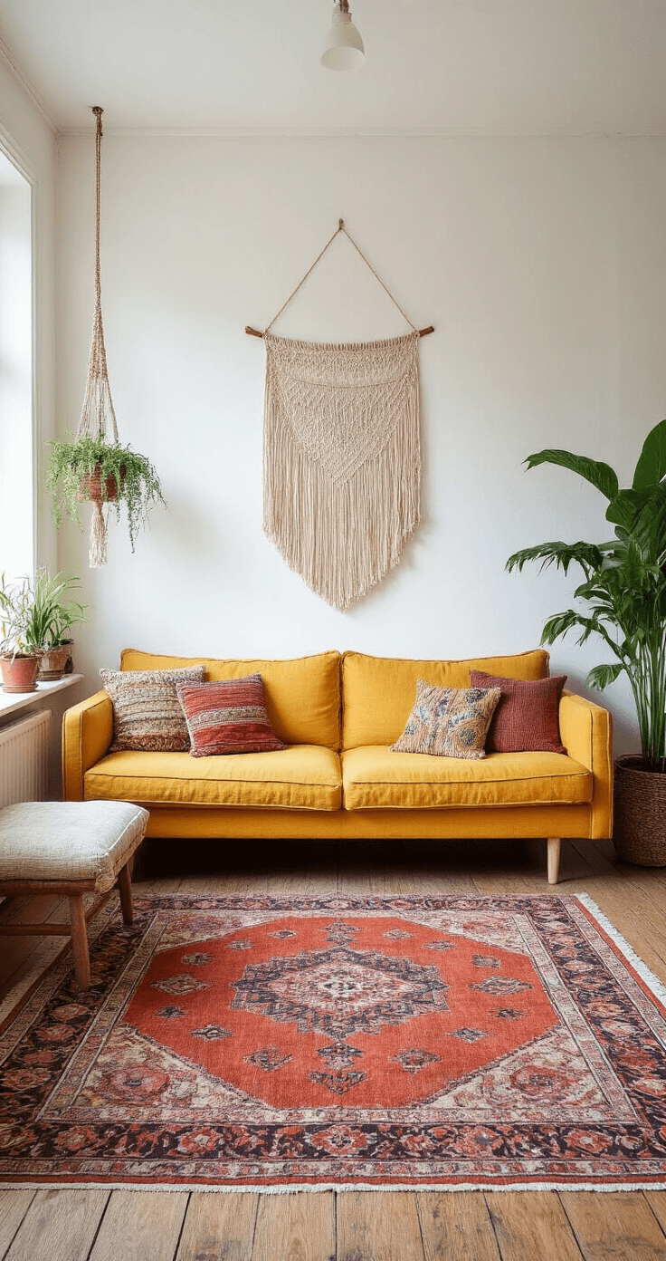 Ruime boho woonkamer met okergele linnen bank en etnische kussens, vintage Perzisch tapijt, macramé wanddecoratie, monstera en fiddle leaf fig planten, rotan hangstoel en diffuse natuurlijke verlichting.