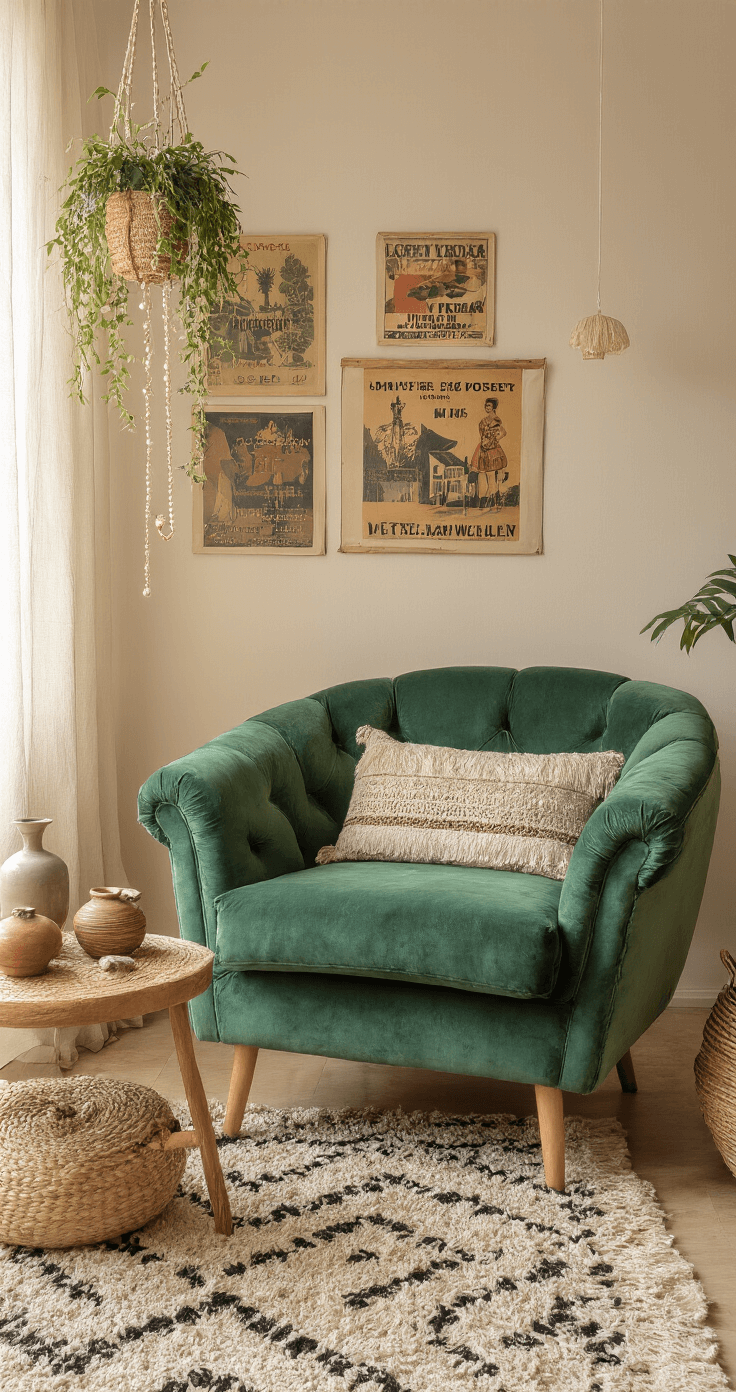 Intieme boho zithoek met smaragdgroene fluwelen fauteuil, crèmekleurige muur, vintage posters, handgeweven wandkleden, geometrisch berber tapijt, houten bijzettafel met keramiek en koperen accessoires, en hangende string of pearls plant in een gevlochten mand, verlicht door sheer gordijnen.