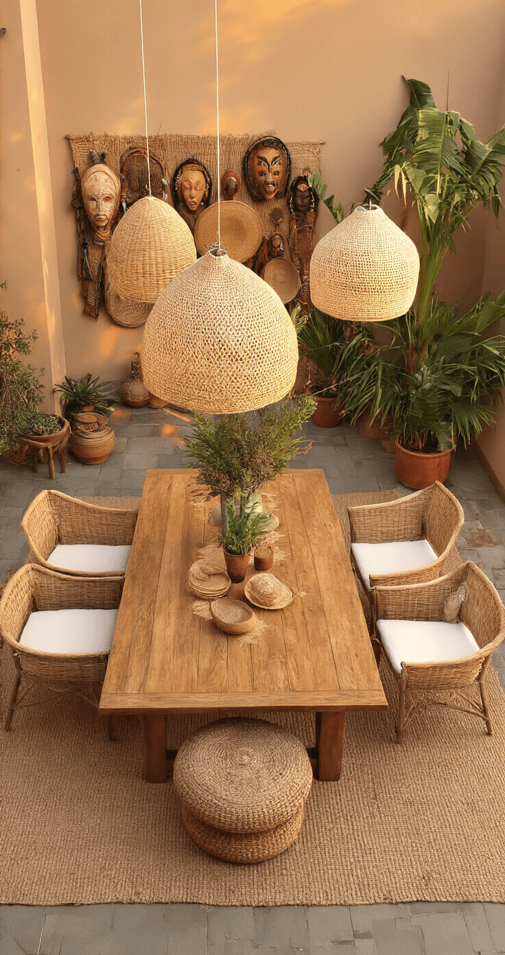 Bohemian eethoek met massief teakhouten tafel en vintage stoelen, verlicht door gouden uurs licht, met jute vloerkleed, rieten hanglampen, wereldse maskers aan de muur en een grote yucca palm.