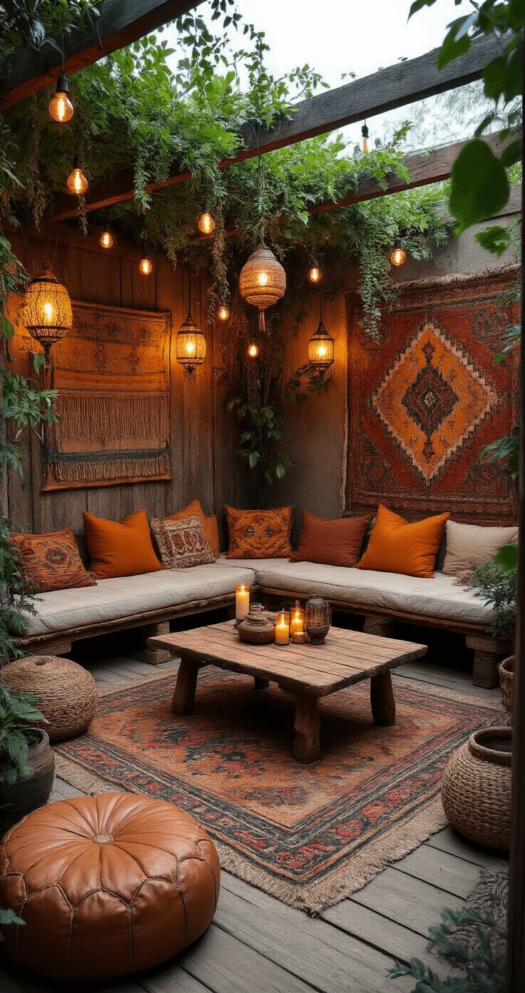 Boho loungehoek met vloerbedekking in aardse tinten, lage zitkussens en een verweerde houten salontafel, versierd met kleurrijke kilim tapijten, koperen lantaarns en kaarsen voor sfeerverlichting, en Marokkaanse poufs in cognac leer en textiel, in een gezellige, warme setting.