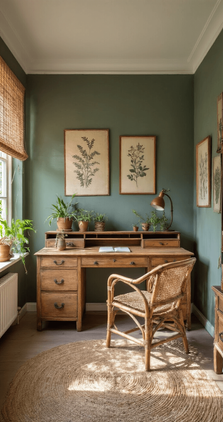 Een boheemse werkplek in ochtendlicht met een vintage houten bureau tegen de muur, versierd met botanische prints, een rotan bureaustoel met handgeweven kussen, en een geweven wandkleed in diepblauw en terracotta. Kleine vetplanten en een antieke koperen bureaulamp staan op het bureau, terwijl zacht gefilterd licht door een bamboe rolgordijn speelse schaduwen creëert.