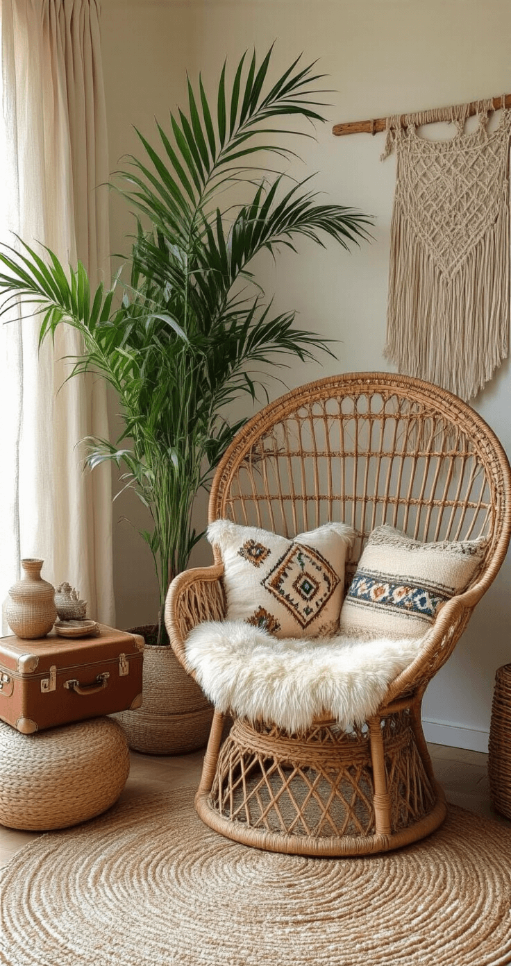 Boho leeshoek met vintage rotan peacock chair, sheepskin en etnische kussens, omringd door palmplant voor privacy, gestapelde vintage koffers als bijzettafel, wandkleed in okertinten, en souvenirs op drijfhouten plank, gefilterd daglicht door macramé gordijn.