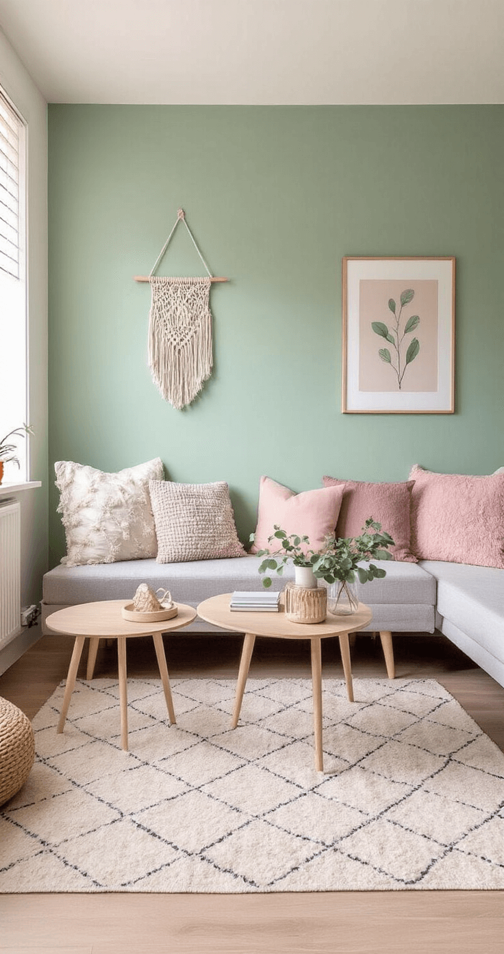 Compacte stadswoonkamer met mintgroene accentwand en lichtgrijze zijwanden, Scandinavisch design meubilair in licht hout, pastelroze accenten, macramé wandhanger en geometrisch vloerkleed, gefotografeerd vanuit een licht verhoogd standpunt in zacht ochtendlicht door vitrage.