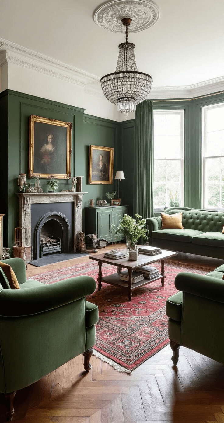 Klassieke jaren '30 woonkamer met donkergroene lambrisering, mosgroene fluwelen fauteuils, vintage perzisch tapijt en kristallen kroonluchter. Gouden spiegels en klassieke schilderijen, gefotografeerd in dramatische avondbelichting vanuit een hoek.
