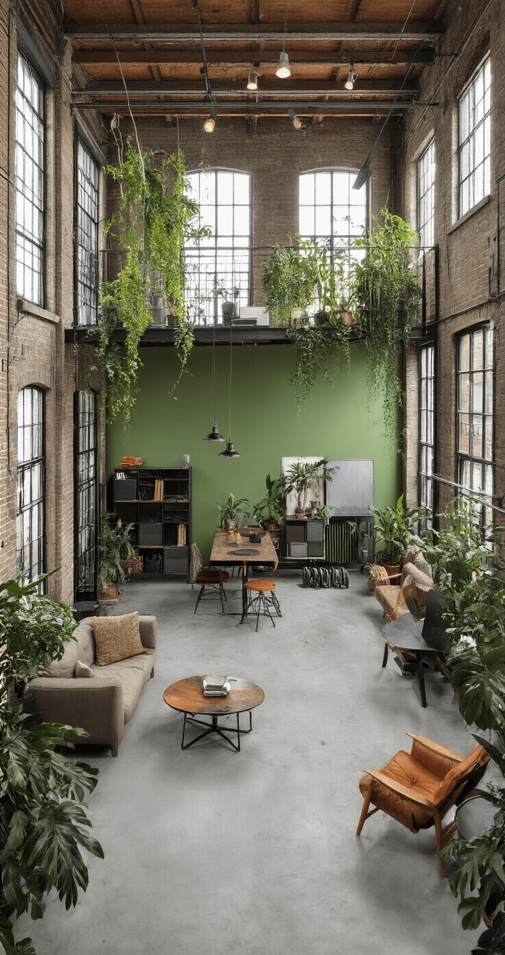 Industriële loft met betonnen vloer en zwarte stalen kozijnen, voorzien van een limoengroene roomdivider en minimalistisch meubilair, ingericht met een hangende urban jungle van varens en klimplanten, gezien vanuit een vogelperspectief onder industriële spotlights.