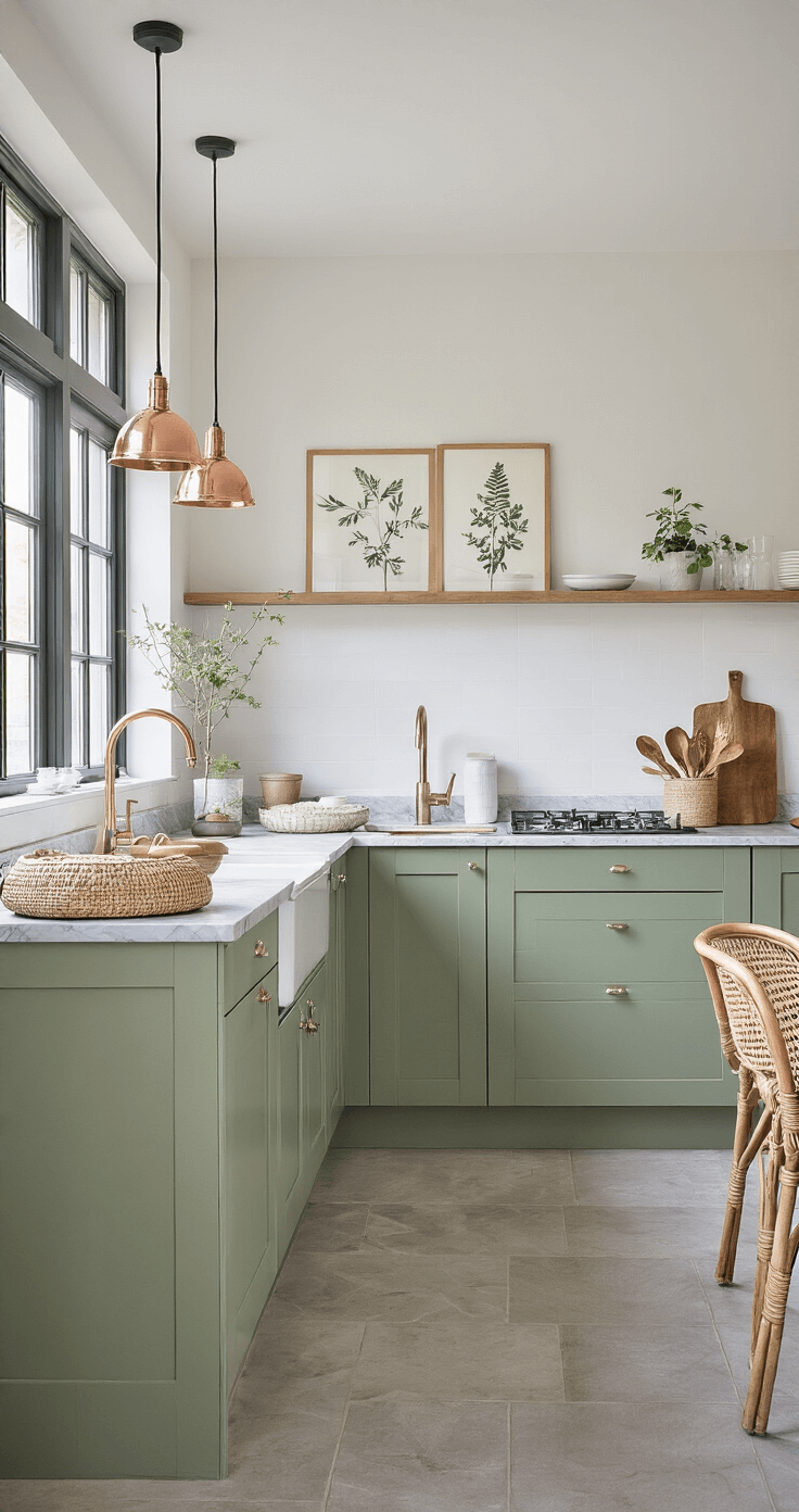 Moderne woonkeuken met sage green keukeneiland, marmeren werkblad, koperen hangende lampen en rotan barstoelen. Botanische prints decoreren de witte muren. Daglicht valt binnen via een dakraam, wat een schone, natuurlijke luxe sfeer creëert.