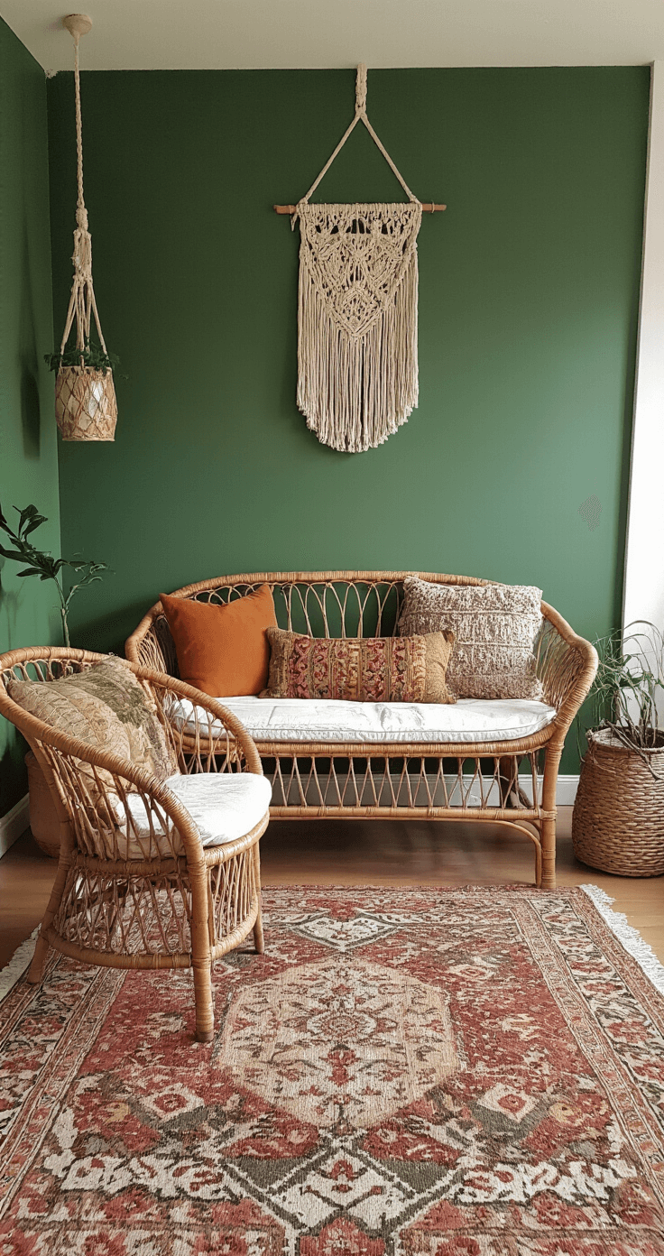 Bohemian woonkamer met Forest Green muren, vintage rotan meubels, gelaagde perzische tapijten en macramé planthangers, sfeervol verlicht tijdens het gouden uur.