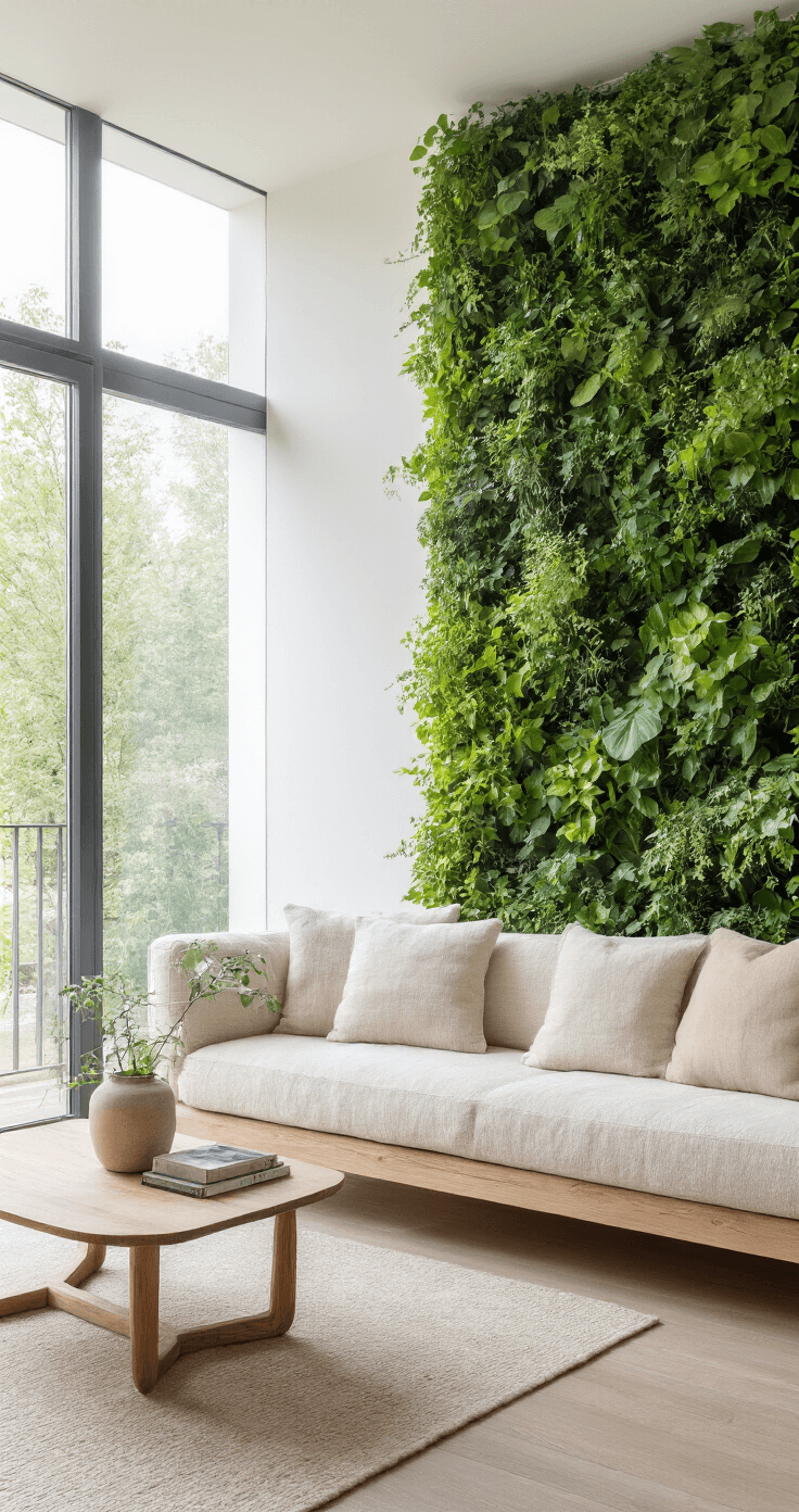 Minimalistische woonruimte met een verticale tuinwand van 5 meter hoog. Witte muren en een levendige groene wand contrasteren met een beige bouclé bank en een naturel houten salontafel. Designklassiekers zijn subtiel geïntegreerd. De foto is frontaal gericht op de groene wand met strijklicht van zijramen, wat een zen en biophilische sfeer creëert.