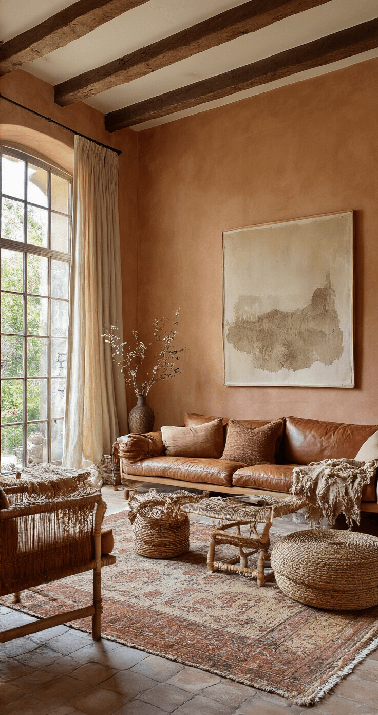 Ruime woonkamer met hoge plafonds en grote ramen, gevuld met middaglicht op een terracotta muur. Een vintage cognac leren bank staat centraal, omringd door rotan bijzettafels. Natuurlijke linnen gordijnen en wollen plaids in aardetinten accentueren de houten vloer met een verweerd Perzisch tapijt. Keramische vazen met droogbloemen dragen bij aan de warme, uitnodigende mediterrane sfeer.