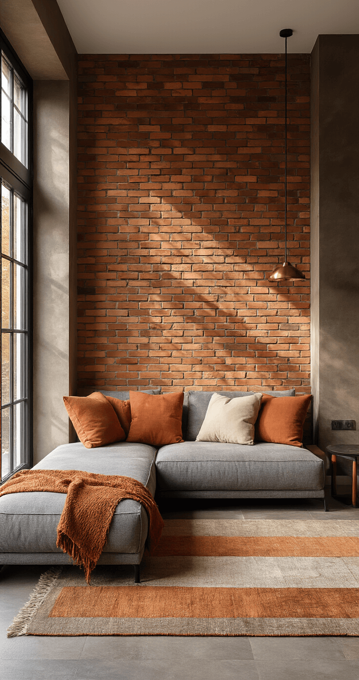 Moderne woonkamer met bakstenen accentmuur in roestbruin, modulaire grijze bank met terracotta en beige kussens, zwart stalen frames en geometrisch vloerkleed in aardse tinten, dramatische schaduwen van de avondzon, gouden uur belichting.