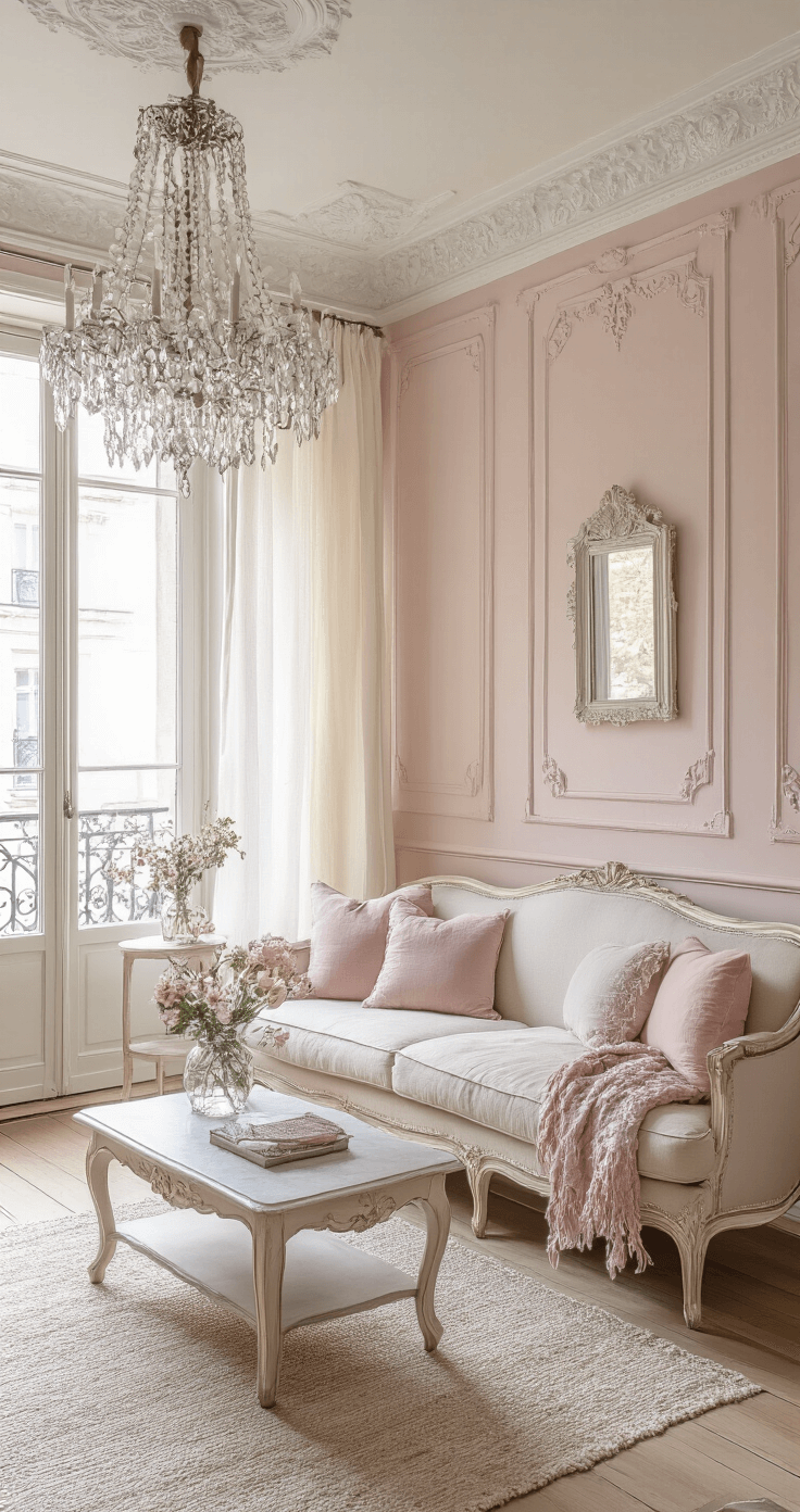 Lichte woonruimte van 4x6m met poederroze muren en klassieke ornamenten, gevuld met ochtendzon door een erkerraam. Franse vintage meubels, waaronder een crèmekleurige sofa en marmeren bijzettafels, verfraaien de ruimte. Een kristallen kroonluchter weerkaatst het licht, terwijl zijden gordijnen en velours kussens in blush tinten zorgen voor een elegante, romantische sfeer.