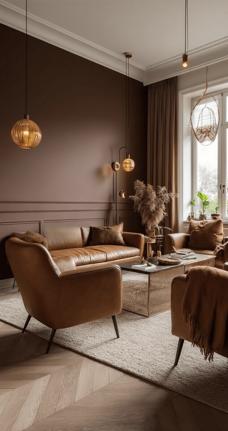 Compacte woonkamer met chocoladebruine feature wall, camel leren fauteuils en koperen accessoires. Spotlights zorgen voor warme verlichting, terwijl fluweel en hout texturen toevoegen. Diagonaal hoekshot in dramatische avondbelichting.