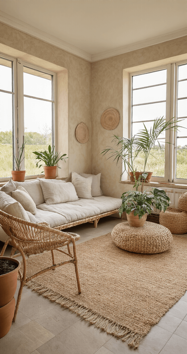 Ruimtelijke woonkamer met zandkleurige muren, grote ramen en een L-vormige linnen bank met naturel kussens. Een rotan hangstoel en een jute vloerkleed accentueren de ruimte, terwijl palmen in terracotta potten een tropische sfeer toevoegen. Het middaglicht zorgt voor zachte schaduwen en lens flare vanuit een verhoogd standpunt.
