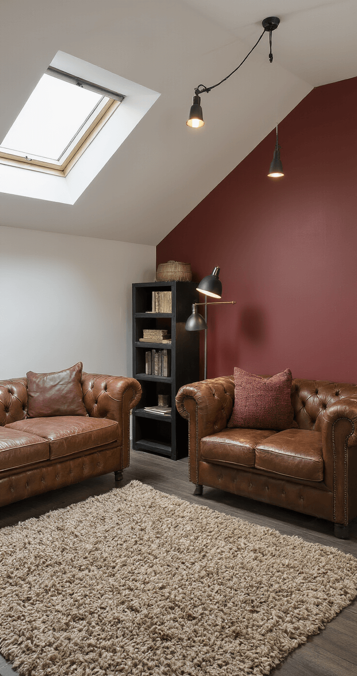 Knusse woonruimte van 5x5m met bordeauxrode accentwand, schemerlicht van industriële wandlampen, vintage cognac leren chesterfield, zwarte stalen boekenkast met koperen details, en een dik wollen karpet in diepe aardetinten. Intiem perspectief met moody avondsfeer en gerichte verlichting.
