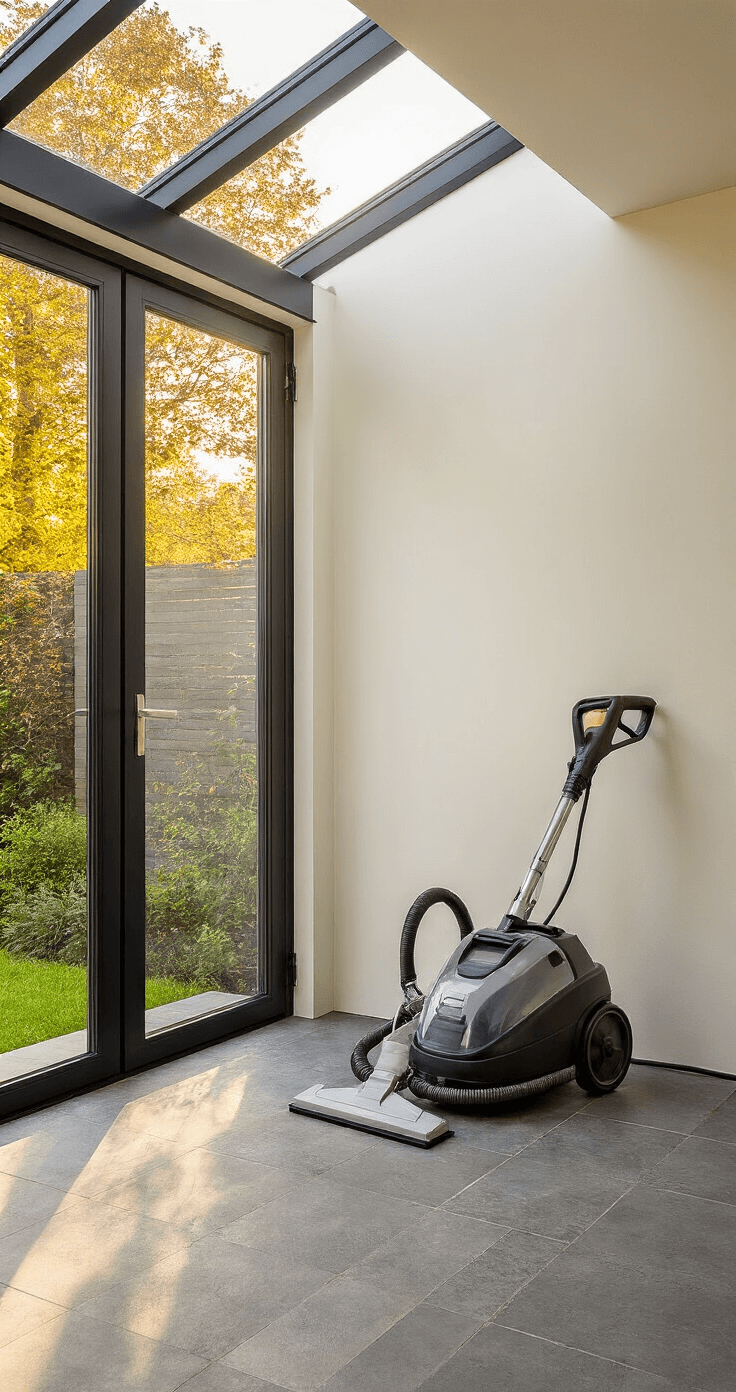 Moderne tuinhuis met glazen schuifdeuren tijdens het gouden uur; ruime werkruimte met witgestucte muren en donkere vloer; hogedrukreiniger op de voorgrond, warme zonnestralen creëren highlights op chromen details, industriële opbergoplossingen en tuingereedschap op een stijlvolle manier gerangschikt.