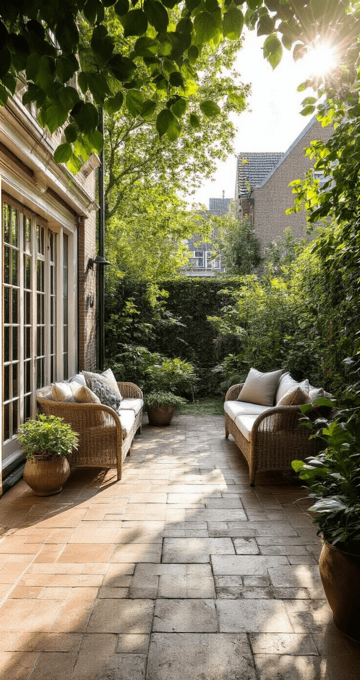 Een zonnig terras van 6x4m met natuurstenen tegels, deels gereinigd, toont contrasteert tussen de schone en aanslagige delen, met een diagonale lijn. De ochtendzon werpt lange schaduwen en sproeinevel glinstert in het tegenlicht, met een bokeh-effect van waterdruppels. Gezien vanuit vogelperspectief.