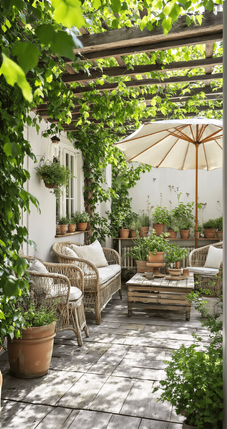 Intieme buitenkeuken met verweerde houten werkbladen, vintage tuinmeubels en klimop langs pergola. Diffuus middaglicht door witte parasol, met terracotta potten en verse kruiden. Close-up van houtnerfdetails in dynamische compositie.