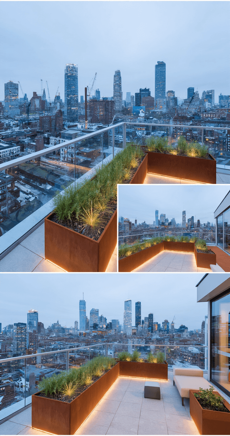 Moderne daktuin met cortenstalen plantenbakken en minimalistisch meubilair, stadsskyline op de achtergrond tijdens blauw uur, subtiele terrasverlichting en spiegeling in glazen balustrade, gezien vanuit een drone-perspectief.