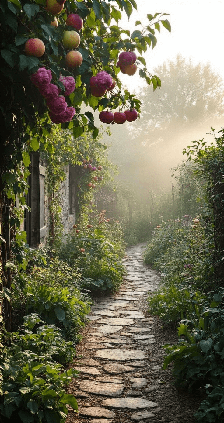 Rustieke boerderijtuin met authentieke waaltjes, natuursteen, oude fruitbomen en klimrozen, omgeven door vroege ochtendmist en verlicht door de opkomende zon, met vintage tuingereedschap op de voorgrond.