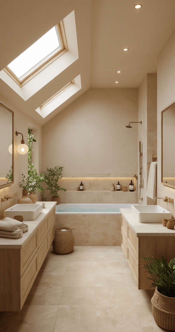 Ruime familiebadkamer in zachte crèmetinten met ochtendzon door dakraam, dubbele terrazzo wastafel, wandhoge spiegels met LED-verlichting, beige tegels en frisse planten in terracotta potten.