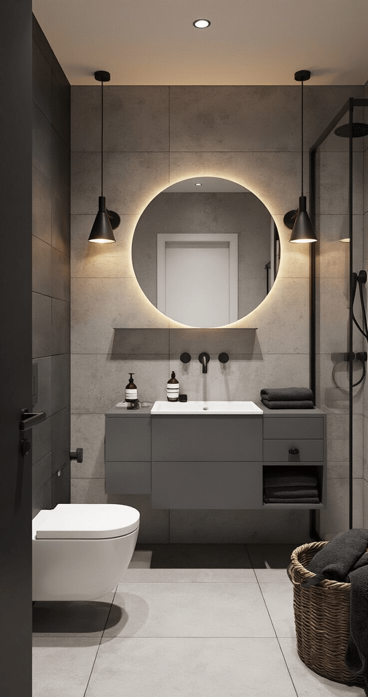 Compacte moderne badkamer in industriële chic stijl met avondverlichting, betonlook tegels en zwarte accessoires.