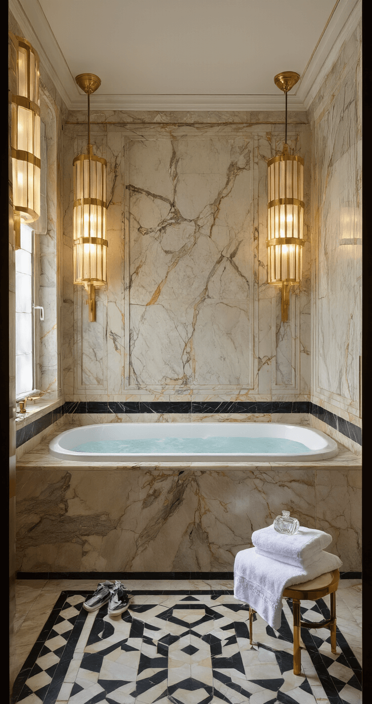 Luxe hotelbadkamer in art deco stijl met gouden wandlampen, marmeren tegels, vrijstaand koperen bad op zwart-wit geometrische vloer en stijlvolle accessoires.
