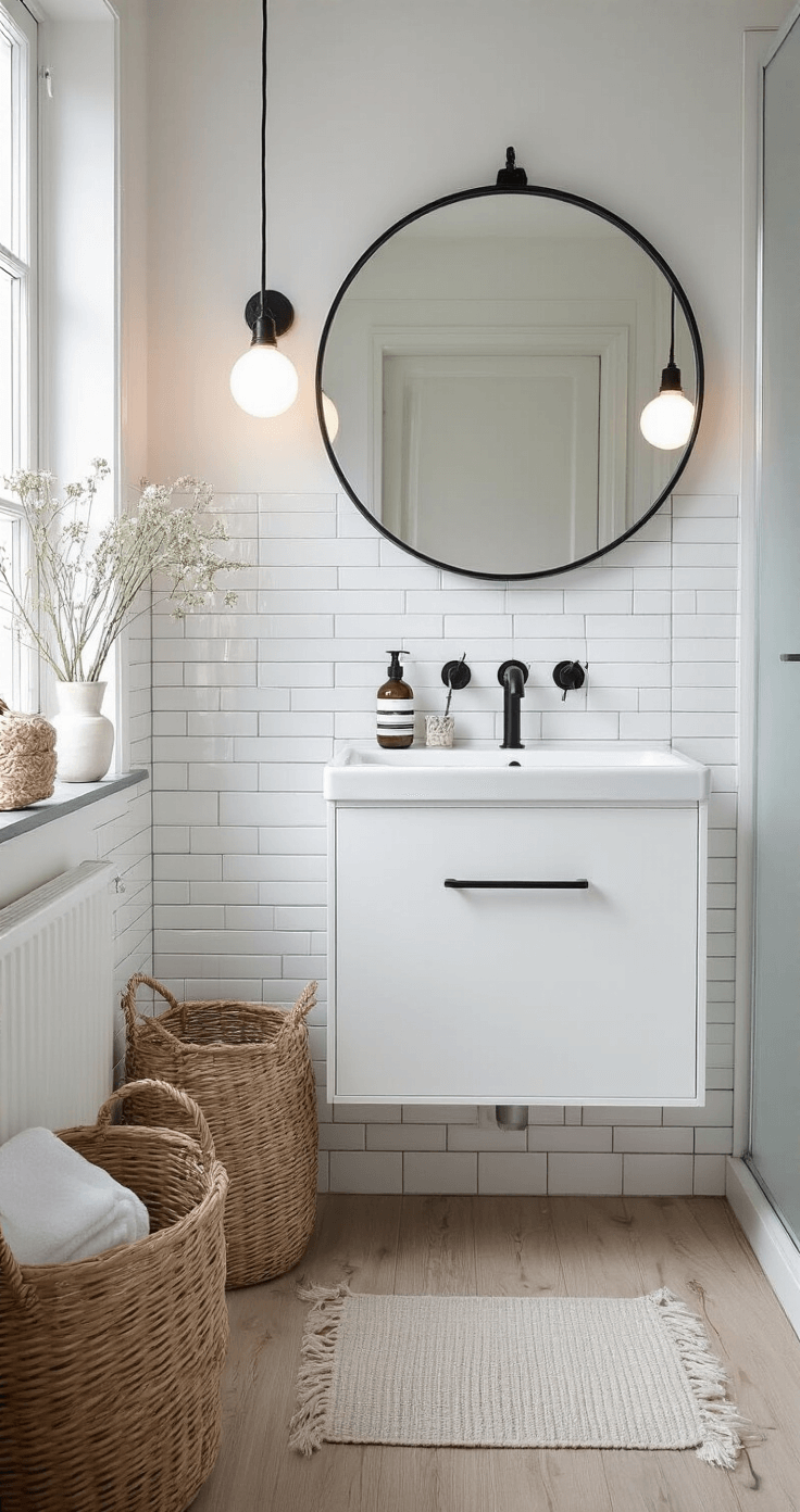 Scandinavische badkamer in winterochtendlicht met witte subway tegels, houten vloer, ronde spiegel boven wit wastafelmeubel en zwarte accenten; versierd met gevlochten manden, linnen handdoeken en droogbloemen.