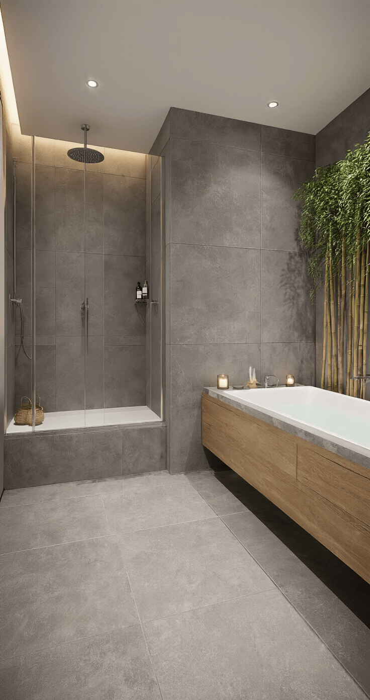 Spa-achtige badkamer in twilight verlichting met grote grijze tegels, inloopdouche, zwevend eiken badmeubel en verticale plantenwand, vastgelegd vanuit een laag perspectief voor dramatisch effect.