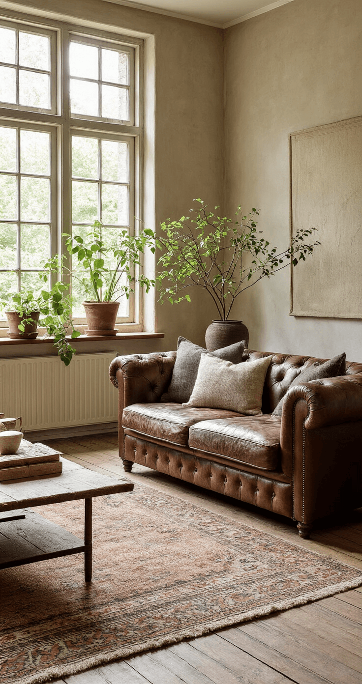 Ruime, lichte woonkamer met jaren '30 details, hoge ramen, groene planten, zandkleurige muren en donkergroene accenten, een vintage Chesterfield bank, jute en linnen kussens, een groot Perzisch tapijt en authentieke houten vloerdelen.
