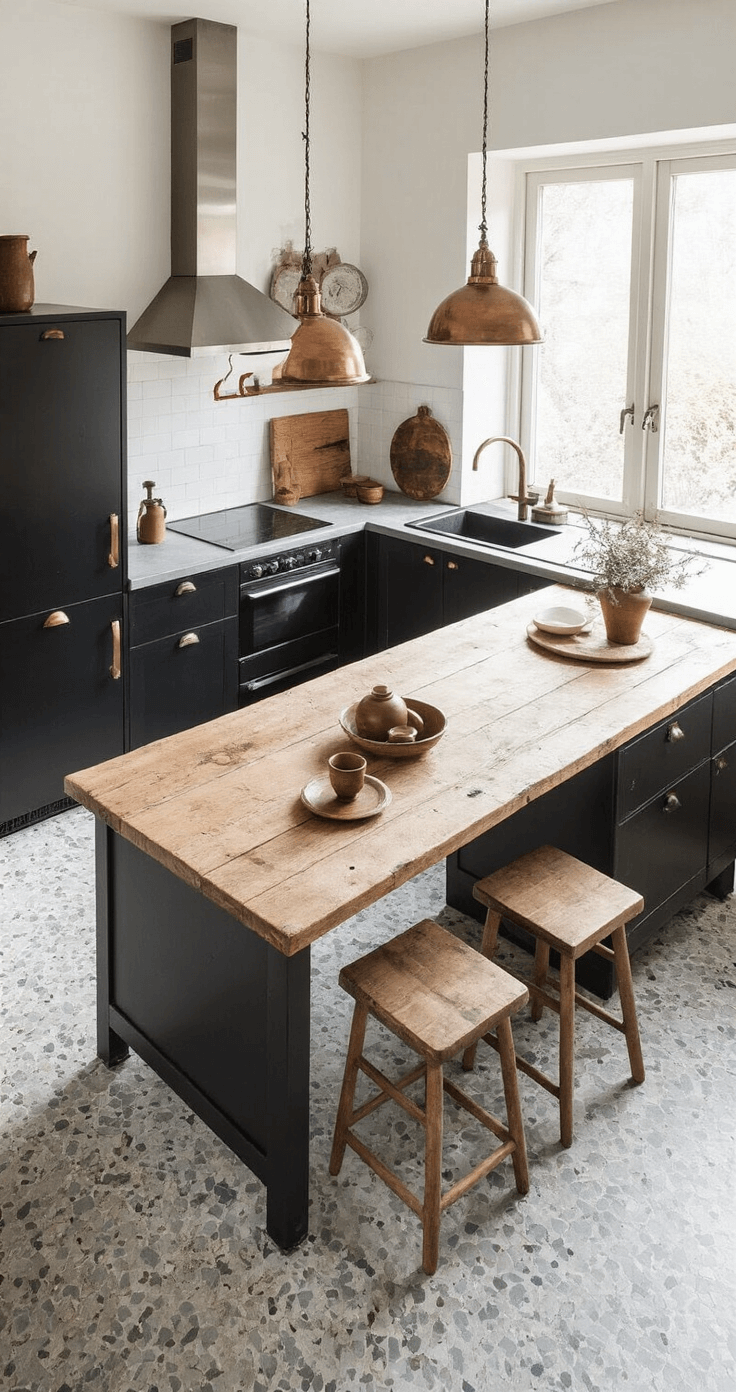 Moderne keuken met industriële elementen en ochtendlicht, met een betonnen werkbank, matzwarte kastfronten, koperen accenten, open eikenhouten planken en terrazzovloer, vanuit vogelperspectief bekeken.