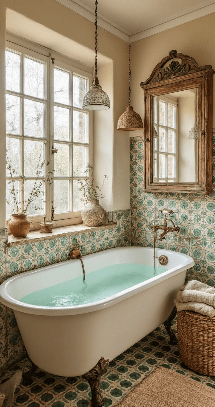 Rustieke badkamer met authentieke details, zeegroen Marokkaanse zellige tegels, vrijstaand klassiek bad op koperen pootjes, warme kalkverf muur, vintage spiegelkast, antieke koperen accessoires en handgeweven linnen handdoeken, gefotografeerd vanuit een laag standpunt met warme spotverlichting.