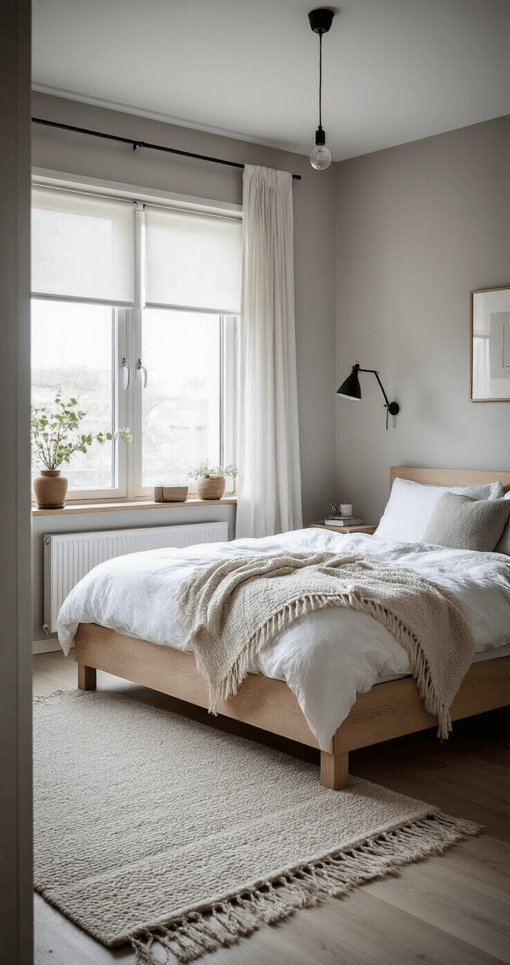 Minimalistische Scandinavische slaapkamer met licht eikenhouten platform bed, wit bedlinnen en wollige plaids, zachte schaduwen door linnengordijnen, zwarte wandlampen op lichtgrijze muren, en een handgeknoopt wollen vloerkleed in geometrische patronen.