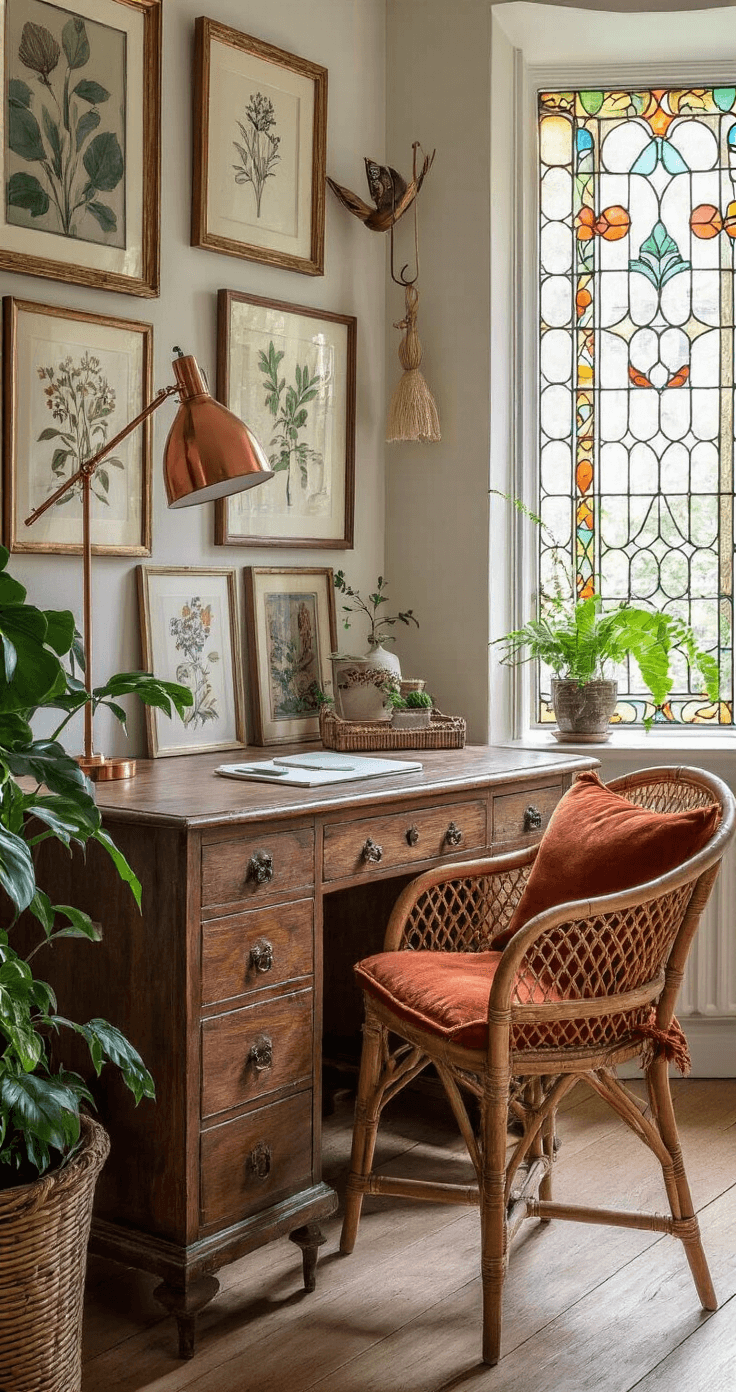 Bohemian thuiskantoor met vintage elementen, antiek teakhouten bureau, moderne koperen lamp, kleurrijk licht door glas-in-lood ramen, muren vol artwork en botanical prints, rotan stoel met terracotta velours kussen, creatief en eclectisch interieur.
