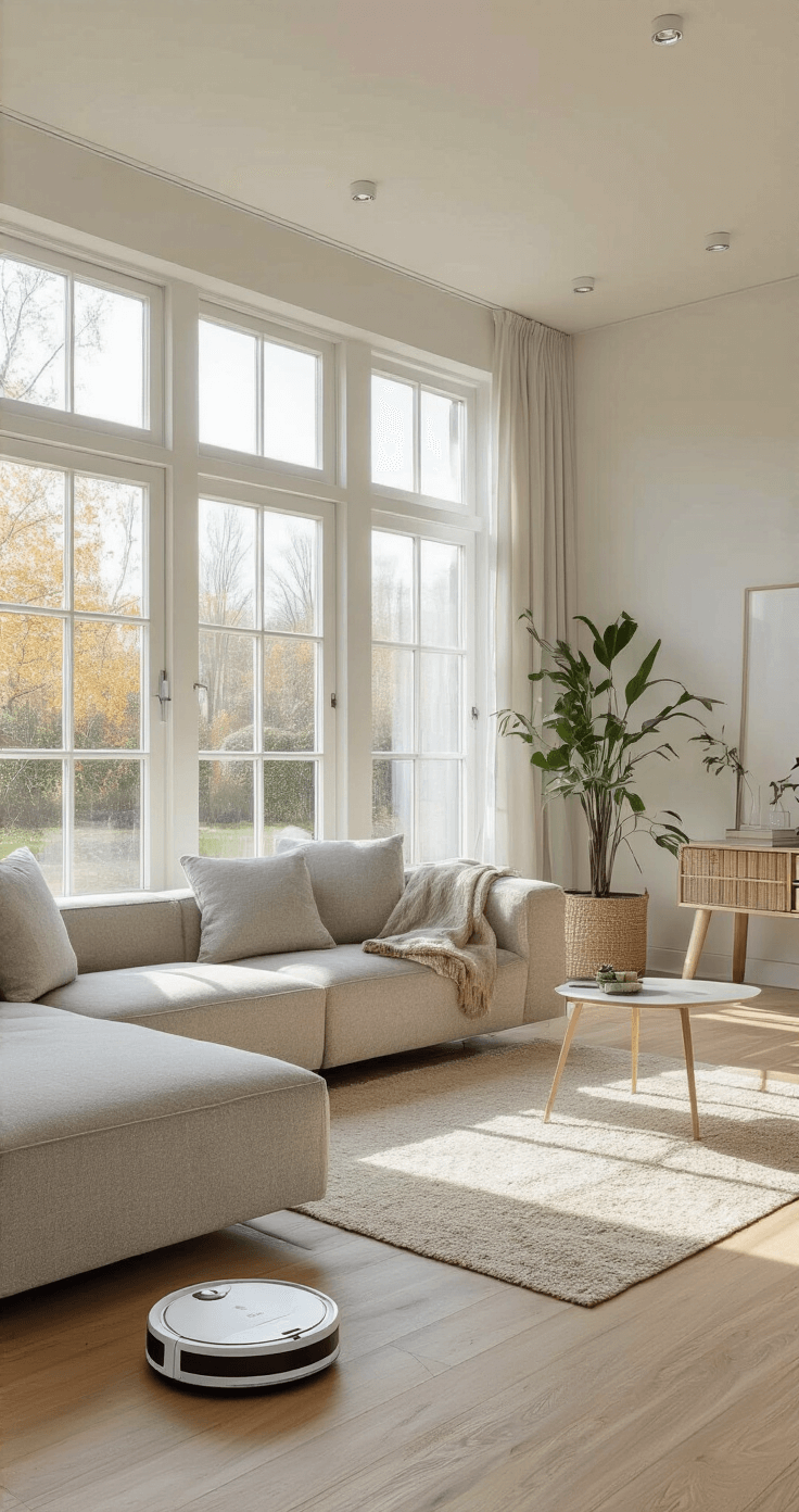 Moderne woonkamer met grote raampartijen en ochtendlicht, robotstofzuiger rond een lichtgrijze bouclé hoekbank, Scandinavische eikenhouten vloer, crèmewitte muren en groenplanten, gefotografeerd op ooghoogte.
