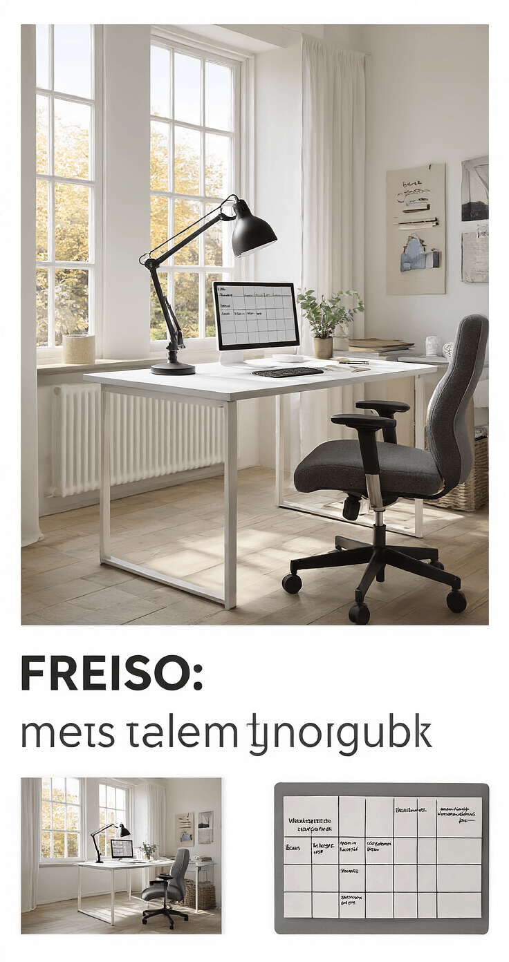 Een georganiseerde thuiswerkplek in een lichte studeerkamer met een wit bureau, digitaal planningssysteem, magnetisch weekbord, een zwarte industriële bureaulamp en een ergonomische stoel. De ruimte baadt in de warme middagzon door de hoge ramen, gezien vanuit vogelperspectief.