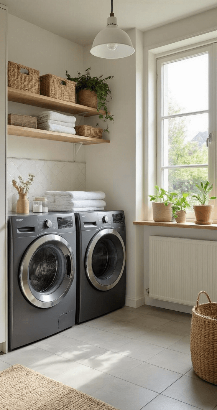 Lichte wasruimte van 3x3m met ergonomische indeling, moderne antraciet wasmachine en droger, uitklapbare droogrekken aan de wand, sorteermanden in natuurlijke materialen, wit-grijs kleurenschema met bamboe accenten, gefotografeerd vanaf de deuropening met fel daglicht door een melkglas raam.
